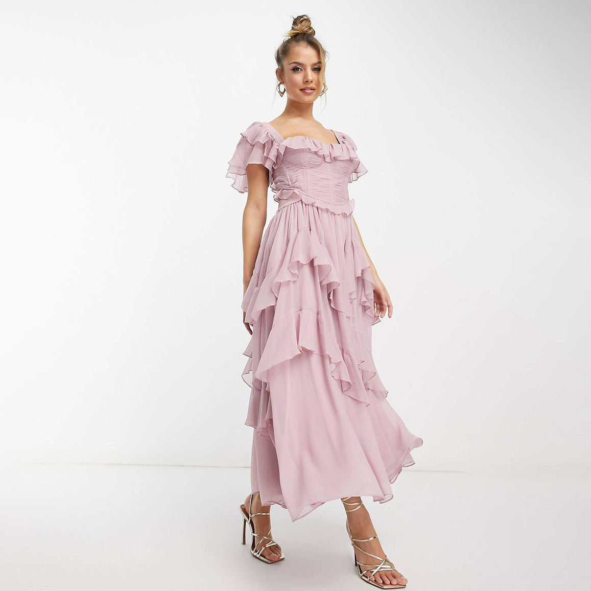 Laviney Ruffled Midi Dress with Short Sleeves