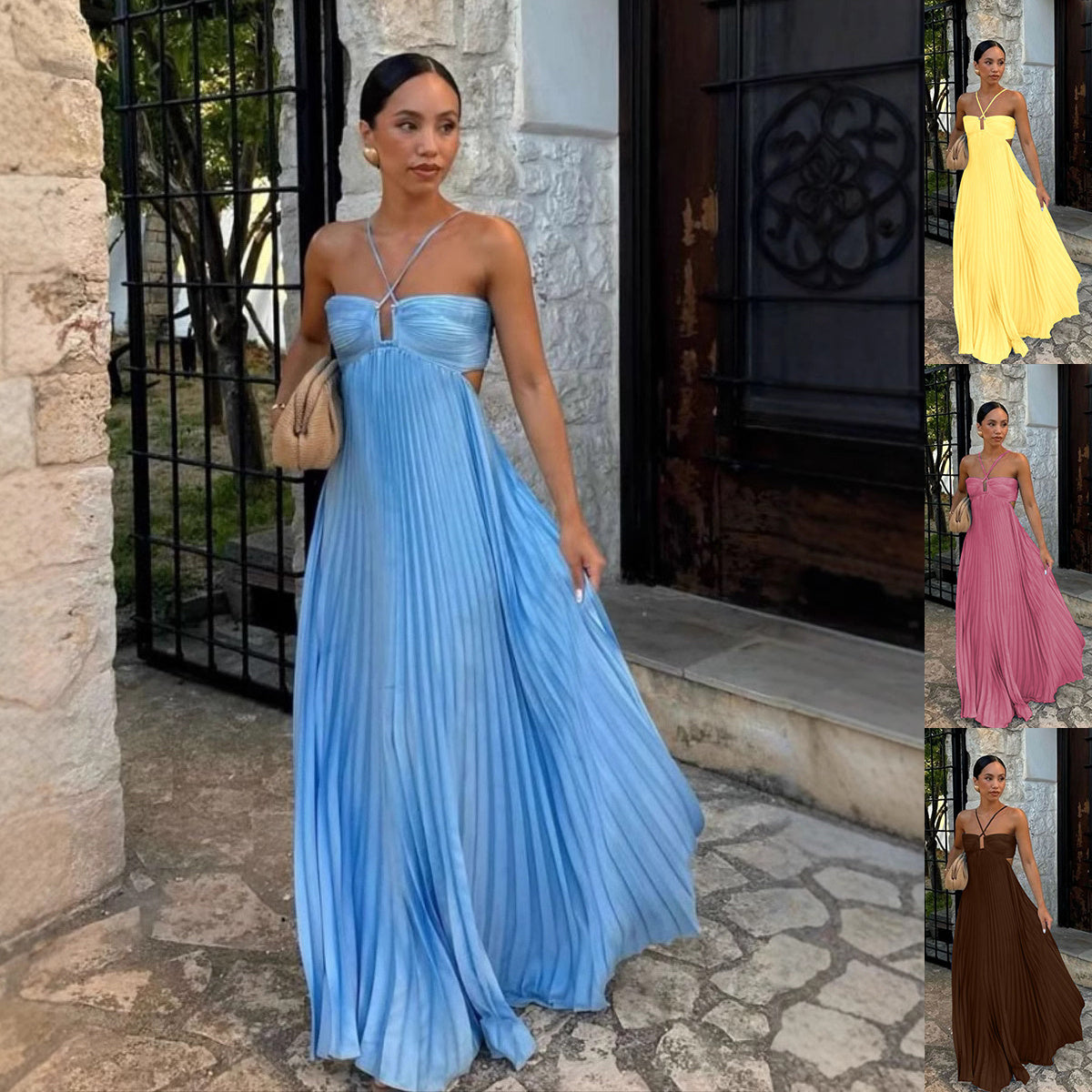 Laviney Pleated Long Dress with Cross Straps