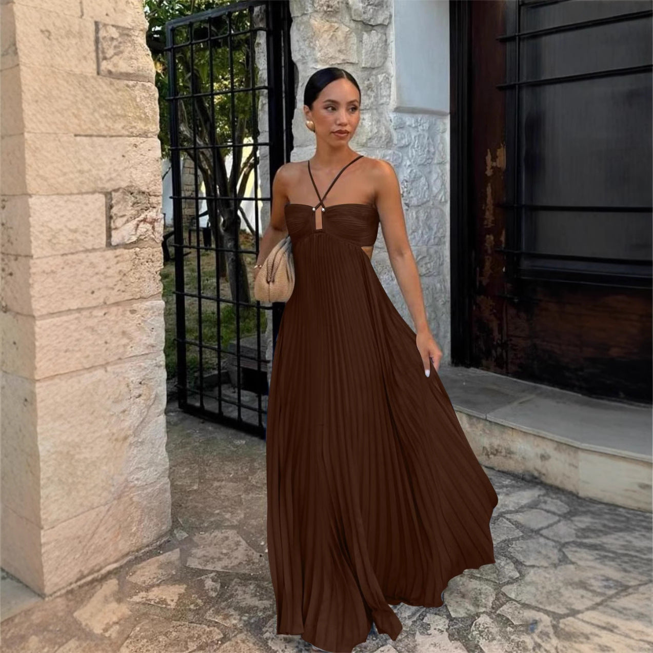 Laviney Pleated Long Dress with Cross Straps
