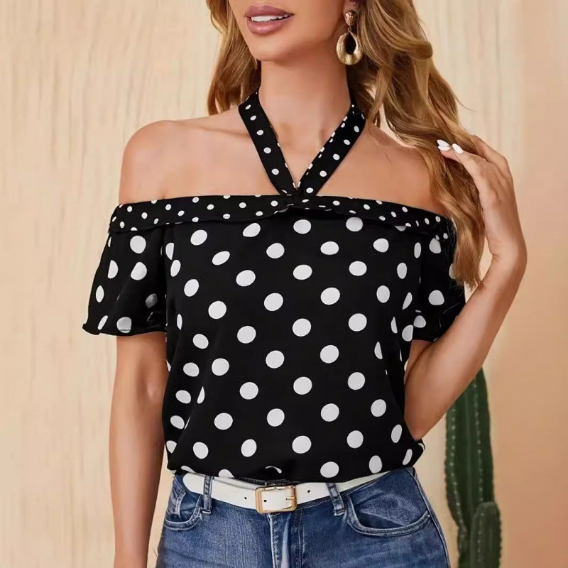 Laviney Polka Dot Off-Shoulder Top with Crossed Straps