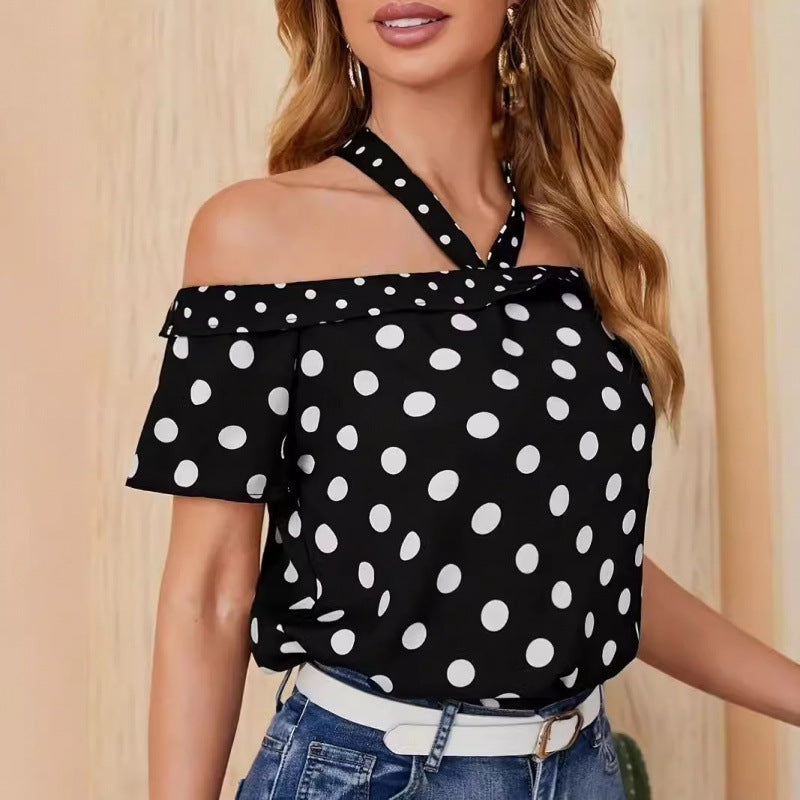 Laviney Polka Dot Off-Shoulder Top with Crossed Straps