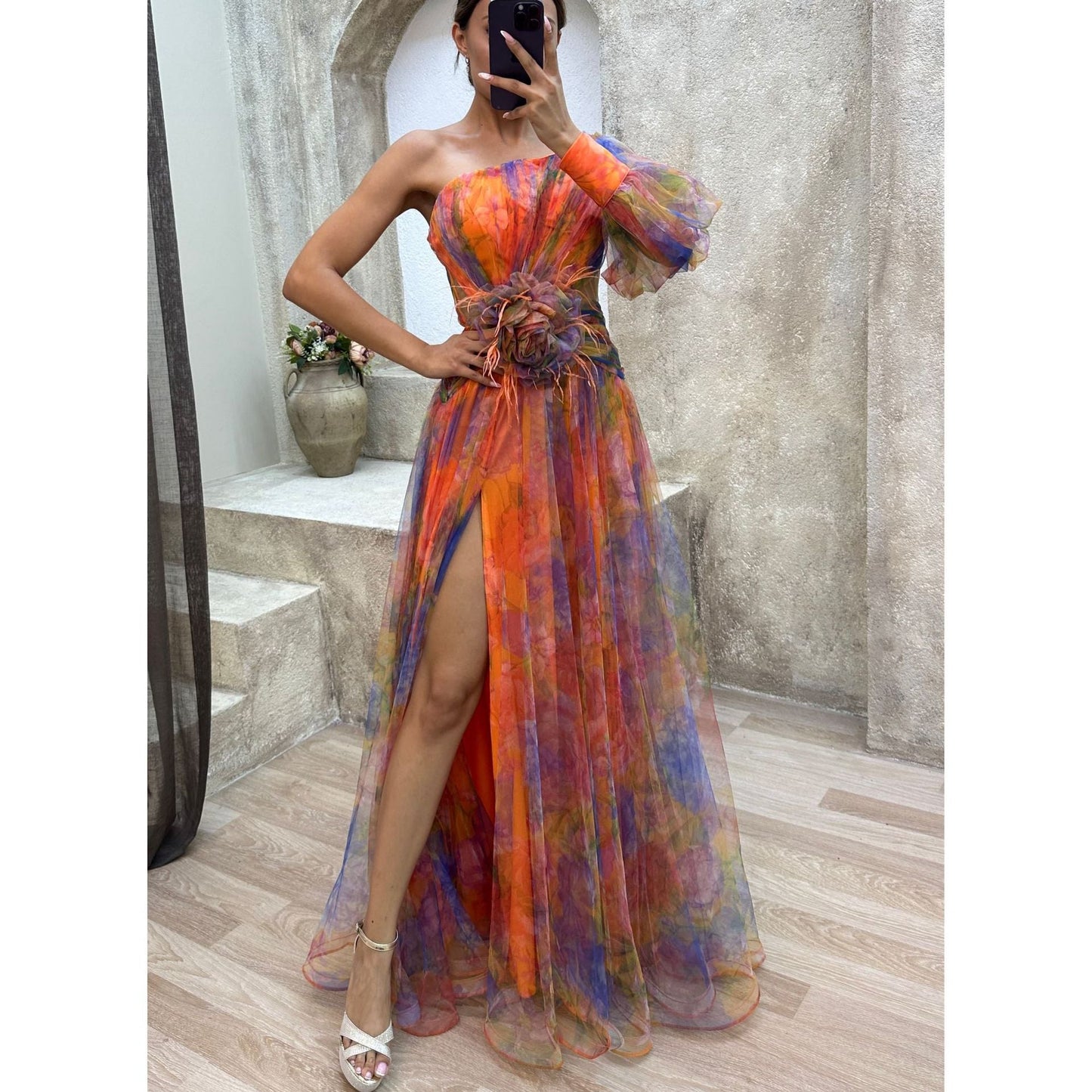 Laviney Asymmetrical Evening Dress with Floral Detail