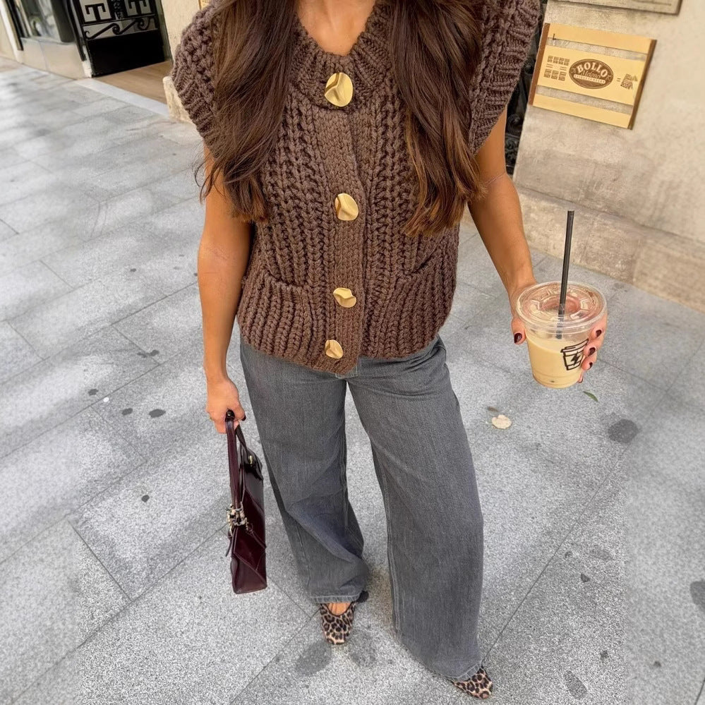 Laviney Sleeveless Knit Vest with Gold Buttons