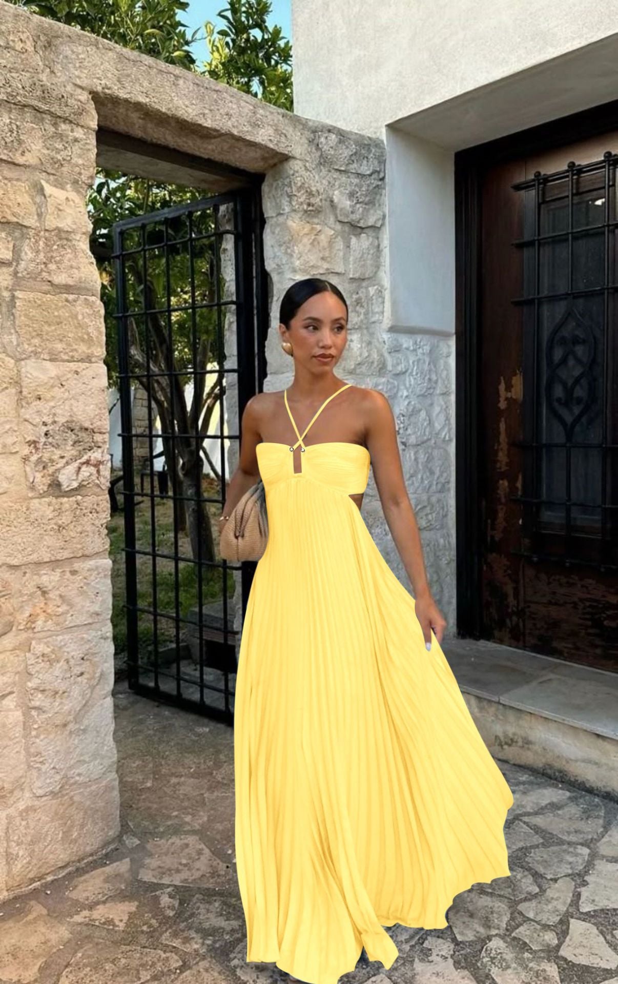 Laviney Pleated Long Dress with Cross Straps