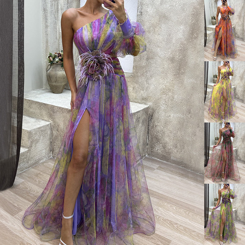 Laviney Asymmetrical Evening Dress with Floral Detail