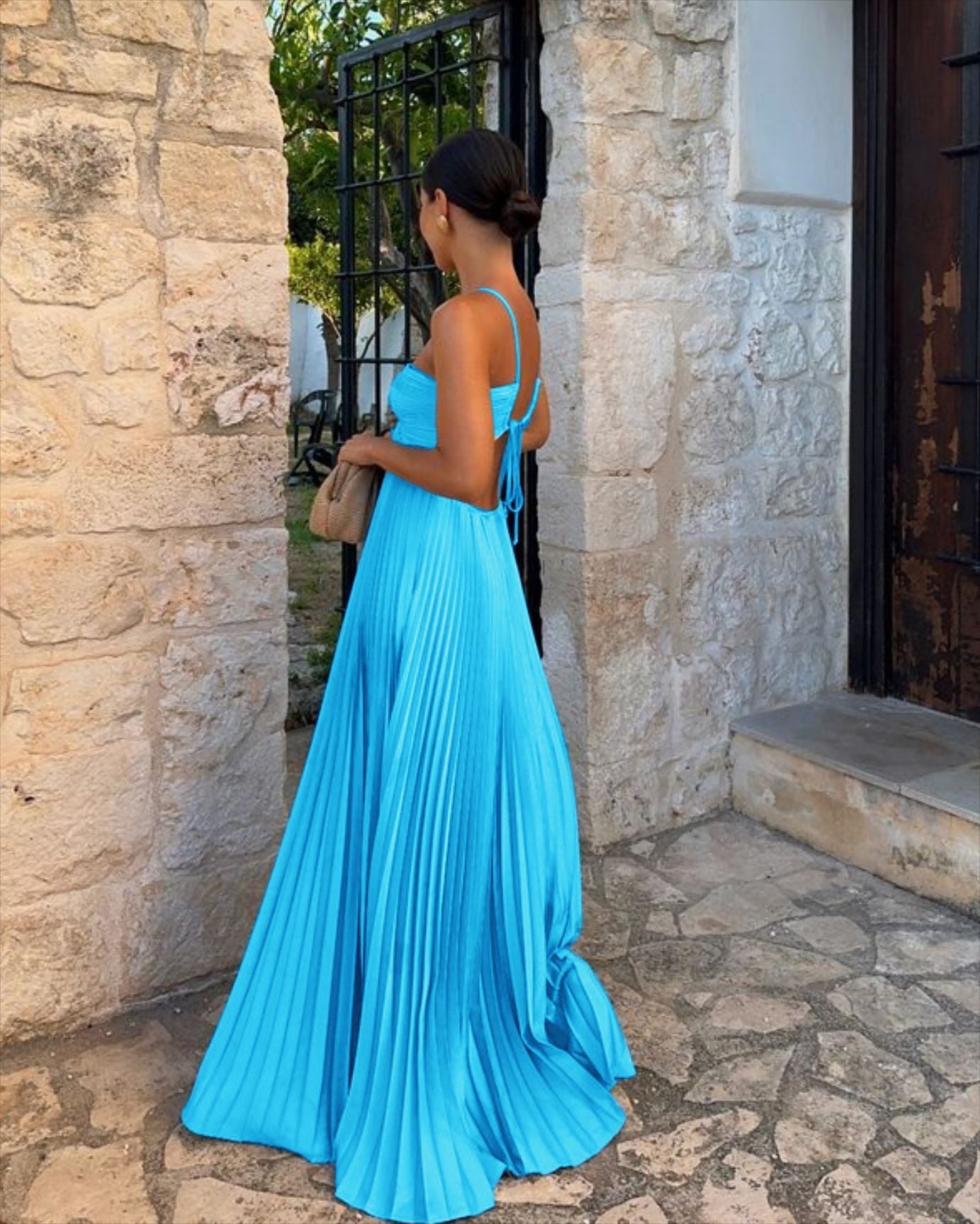 Laviney Pleated Long Dress with Cross Straps