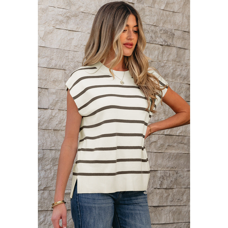 Laviney Wide Striped Sleeveless Knit Top with Button Details