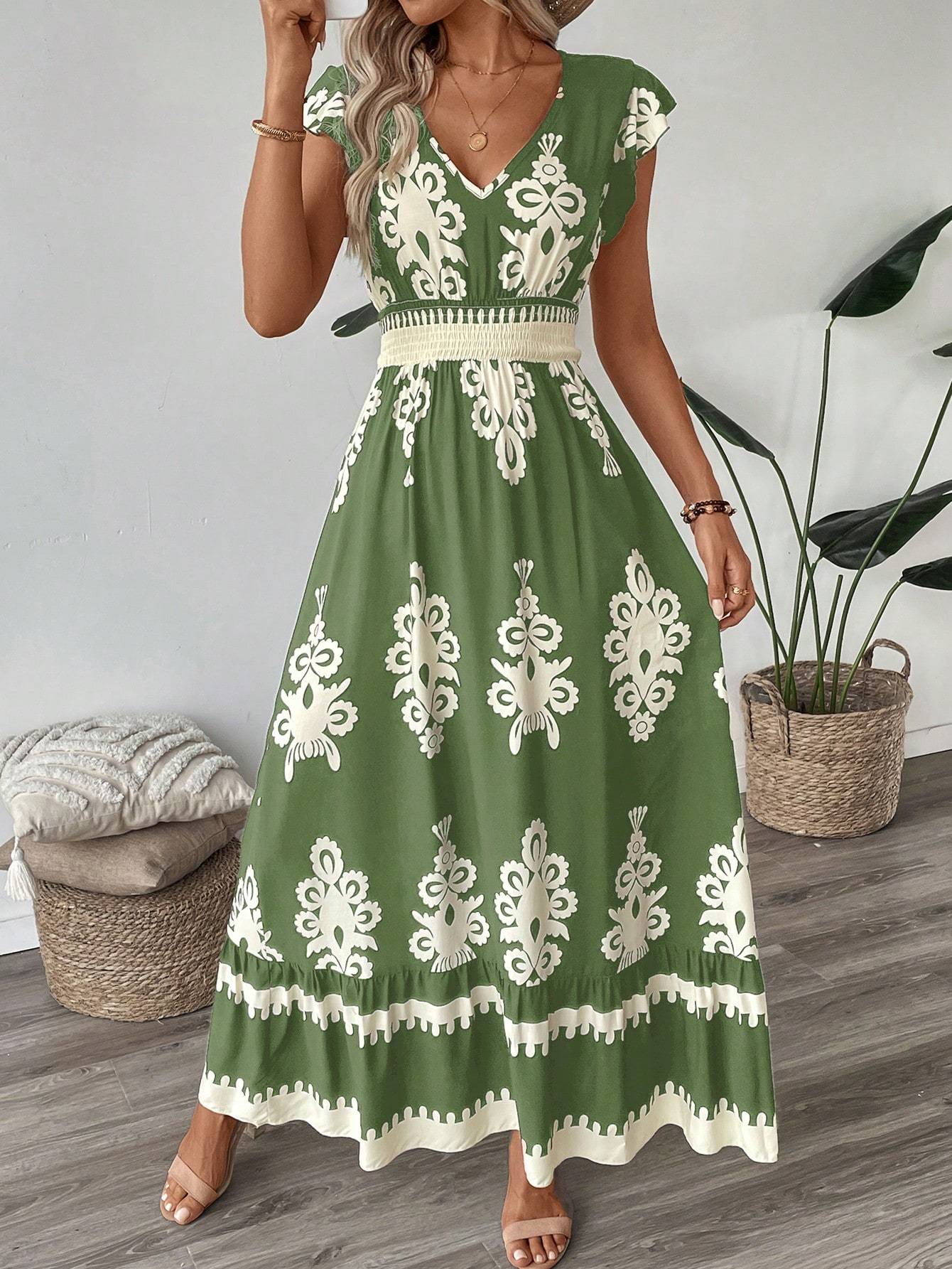 Laviney Long Bohemian Dress with Belted Waist