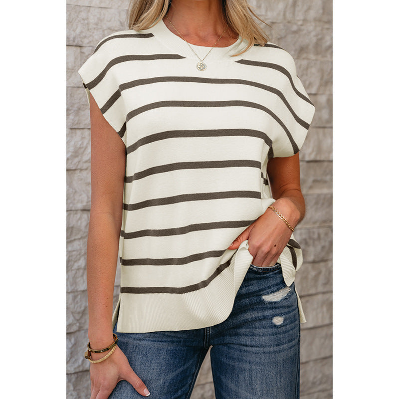 Laviney Wide Striped Sleeveless Knit Top with Button Details