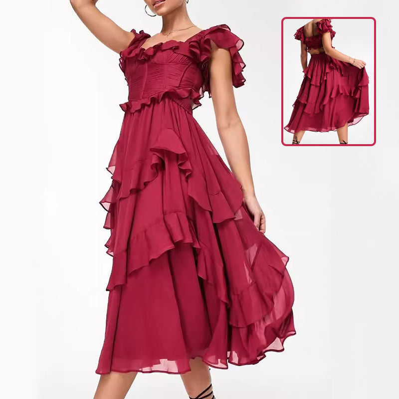 Laviney Ruffled Midi Dress with Short Sleeves