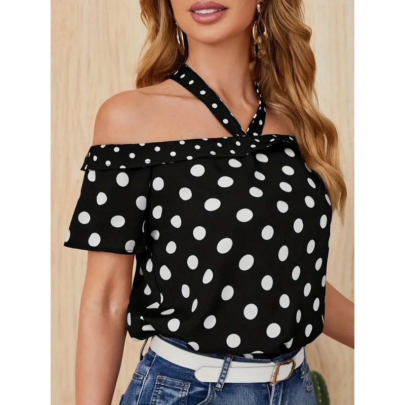 Laviney Polka Dot Off-Shoulder Top with Crossed Straps