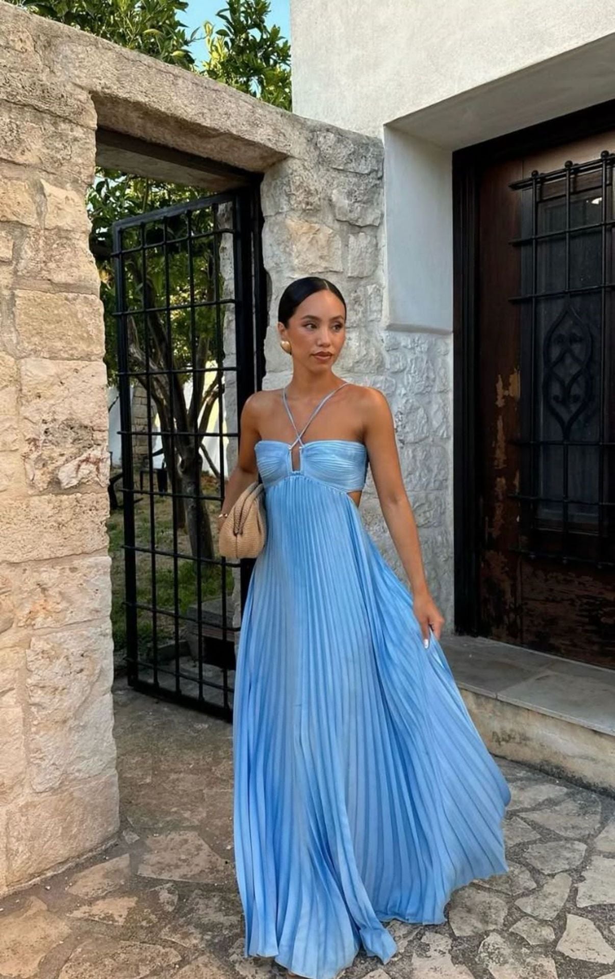 Laviney Pleated Long Dress with Cross Straps