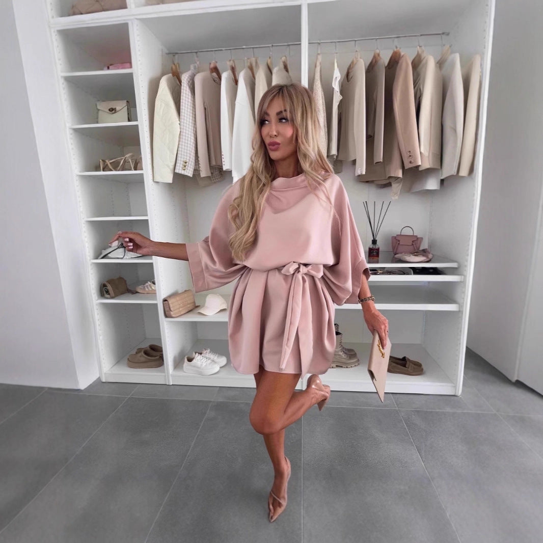 Laviney Belted Short Dress with Full Sleeves