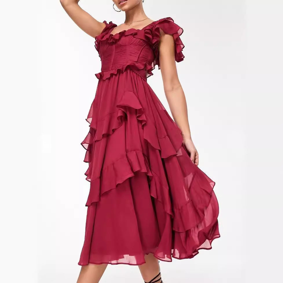 Laviney Ruffled Midi Dress with Short Sleeves