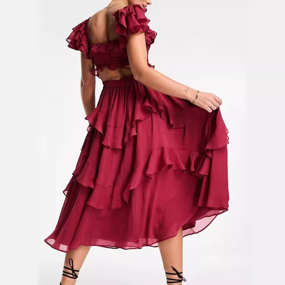 Laviney Ruffled Midi Dress with Short Sleeves
