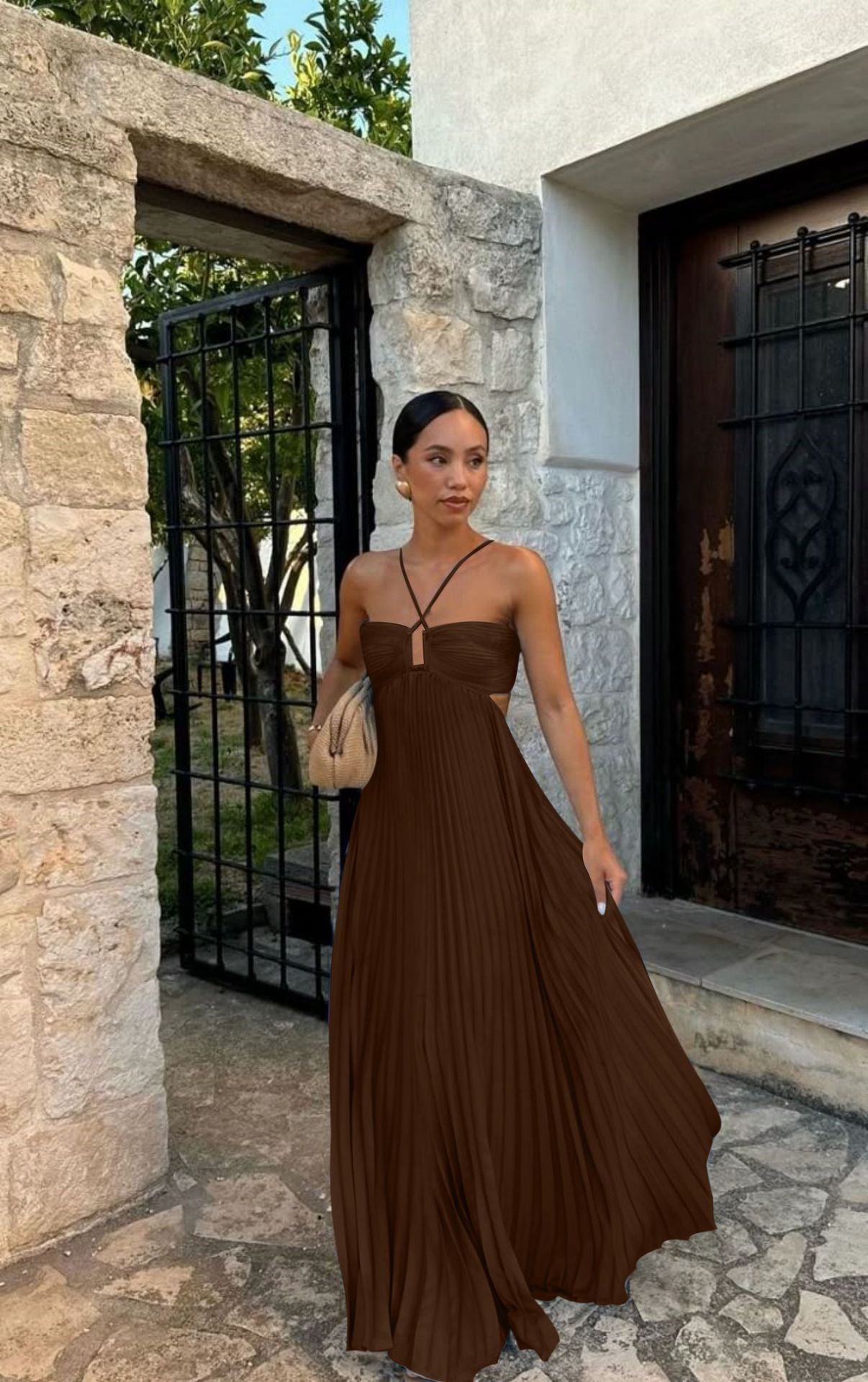 Laviney Pleated Long Dress with Cross Straps