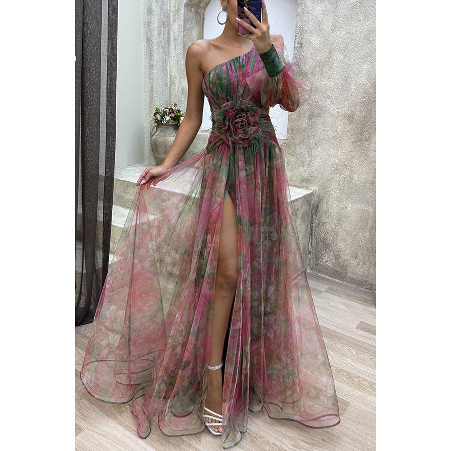 Laviney Asymmetrical Evening Dress with Floral Detail