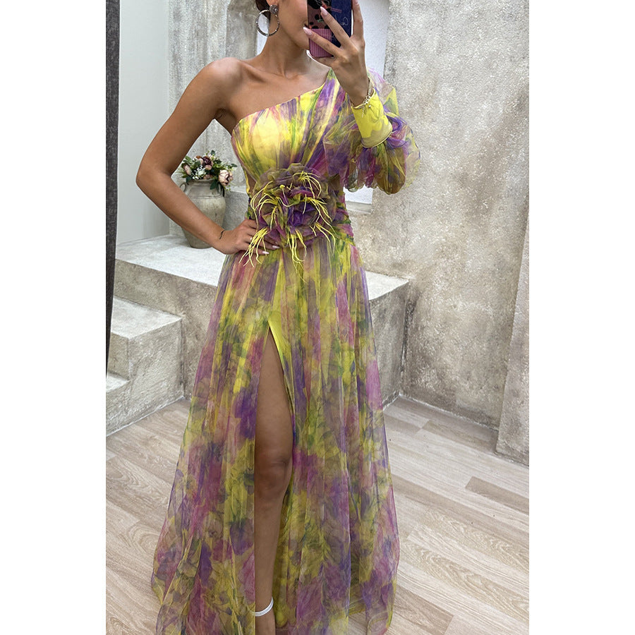 Laviney Asymmetrical Evening Dress with Floral Detail