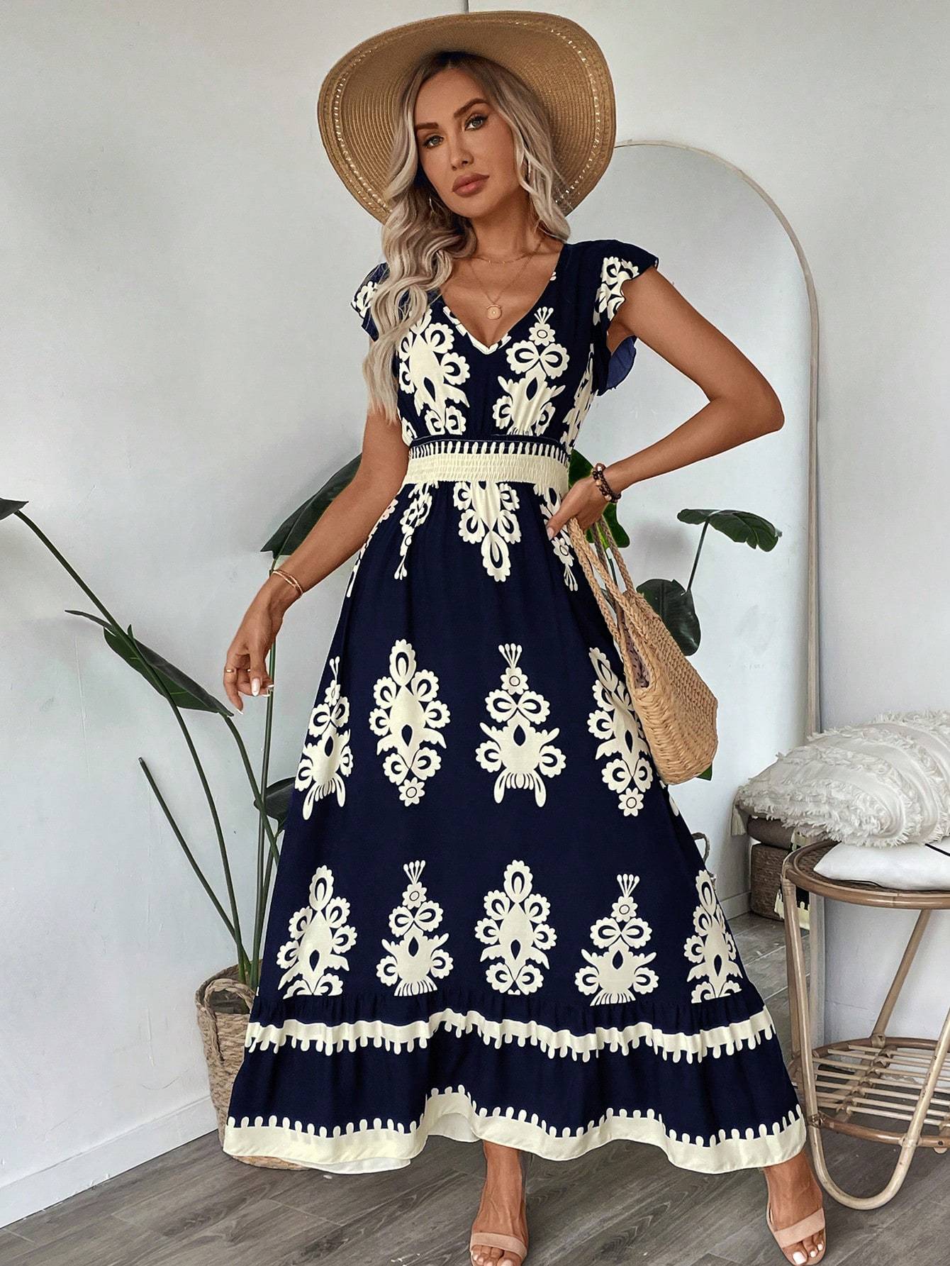 Laviney Long Bohemian Dress with Belted Waist