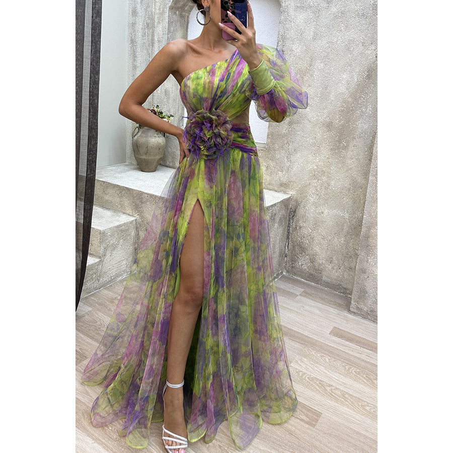 Laviney Asymmetrical Evening Dress with Floral Detail