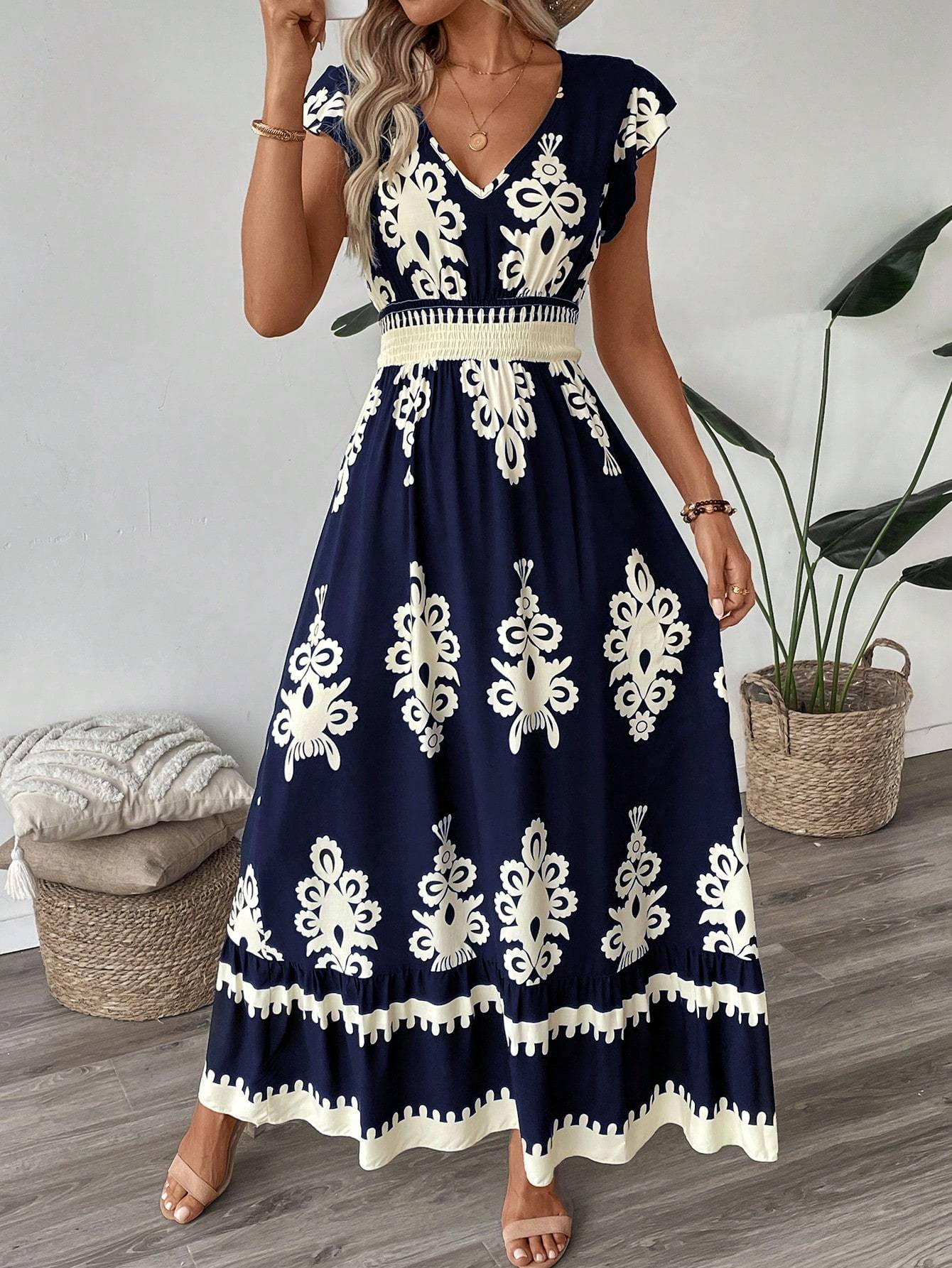 Laviney Long Bohemian Dress with Belted Waist
