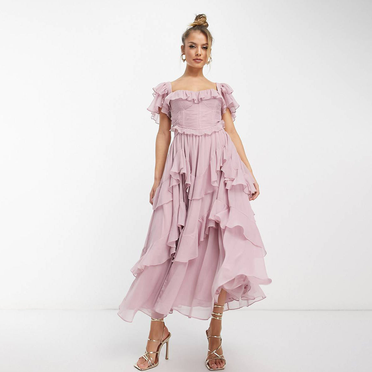 Laviney Ruffled Midi Dress with Short Sleeves