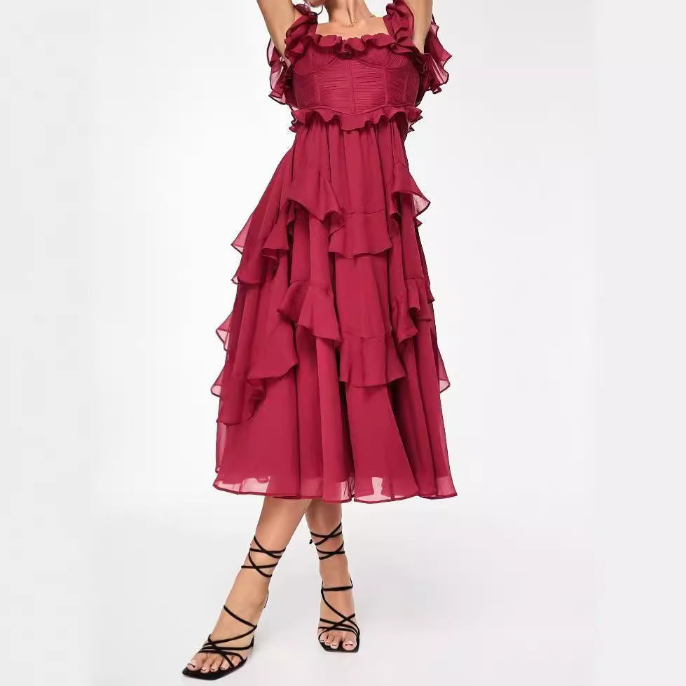 Laviney Ruffled Midi Dress with Short Sleeves