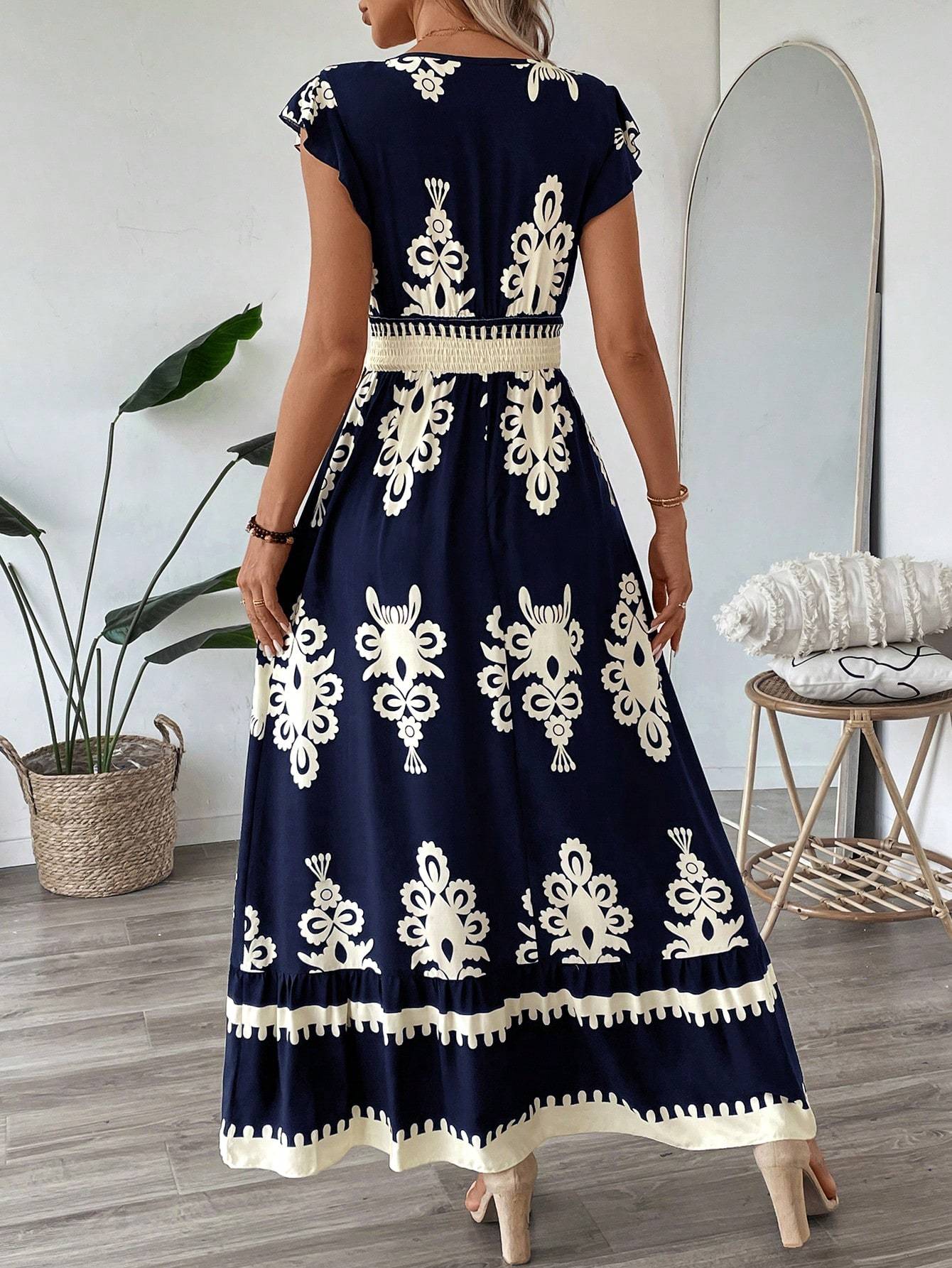Laviney Long Bohemian Dress with Belted Waist