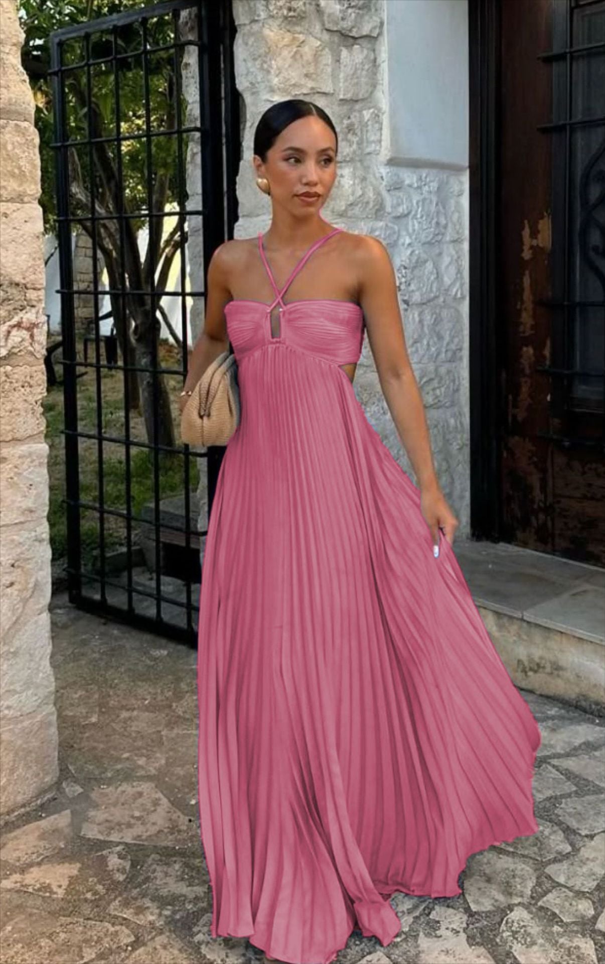 Laviney Pleated Long Dress with Cross Straps