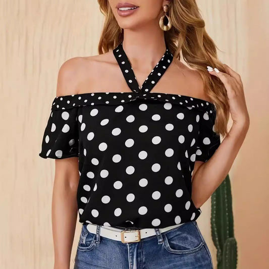 Laviney Polka Dot Off-Shoulder Top with Crossed Straps