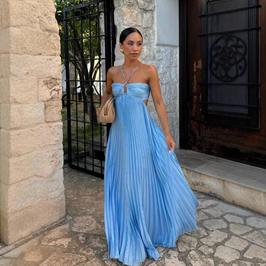 Laviney Pleated Long Dress with Cross Straps