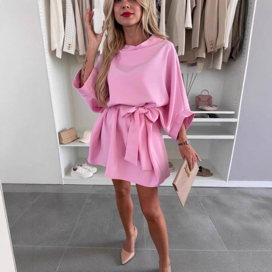 Laviney Belted Short Dress with Full Sleeves