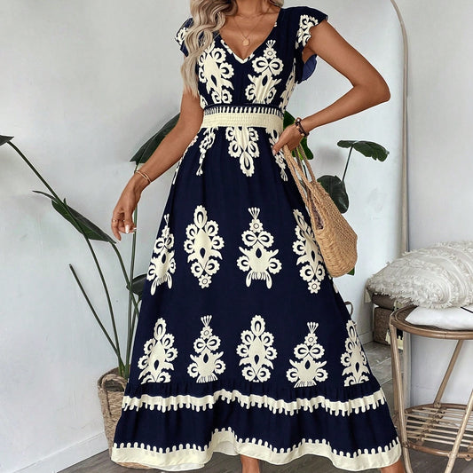 Laviney Long Bohemian Dress with Belted Waist