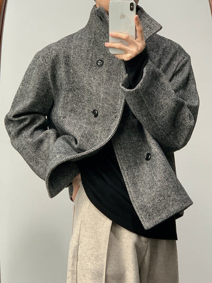 Double Breasted Stand Collar Woolen Cloth Coat Jacket