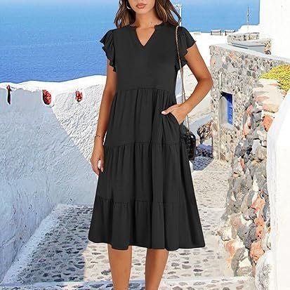 Laviney Flared Midi Dress with Decorative Stitching