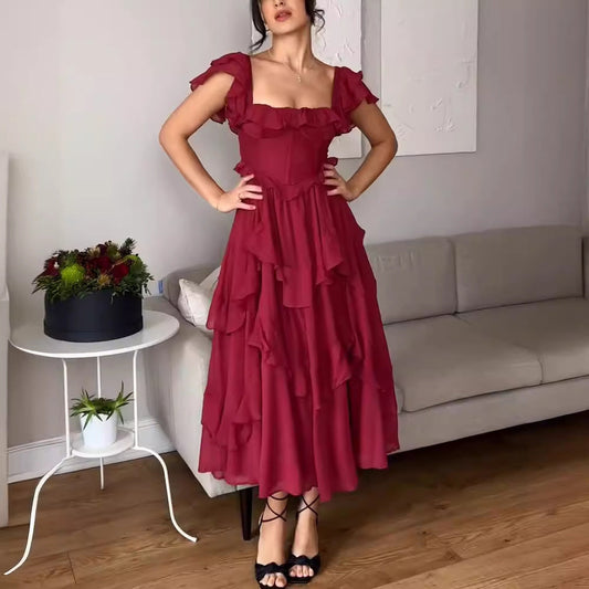 Laviney Ruffled Midi Dress with Short Sleeves