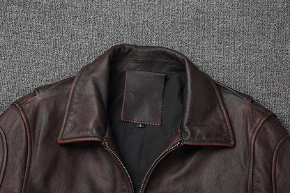 Retro Pure First Layer Cowhide Leather Men's Short Motorcycle Stonewashed Distressed Coat