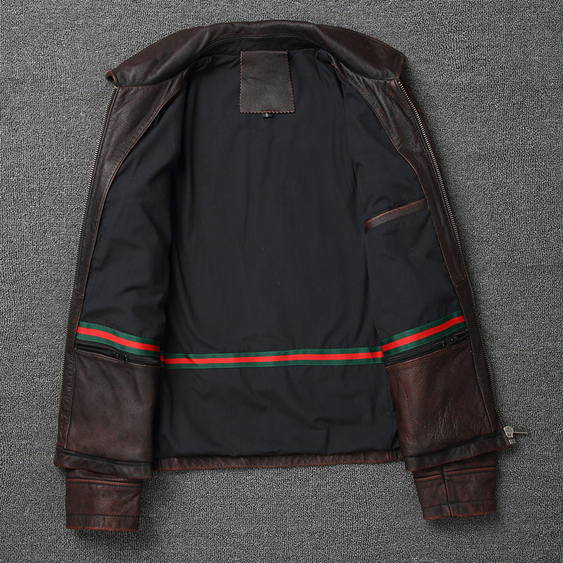 Retro Pure First Layer Cowhide Leather Men's Short Motorcycle Stonewashed Distressed Coat