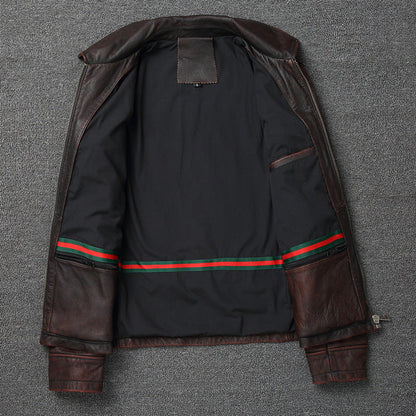 Retro Pure First Layer Cowhide Leather Men's Short Motorcycle Stonewashed Distressed Coat